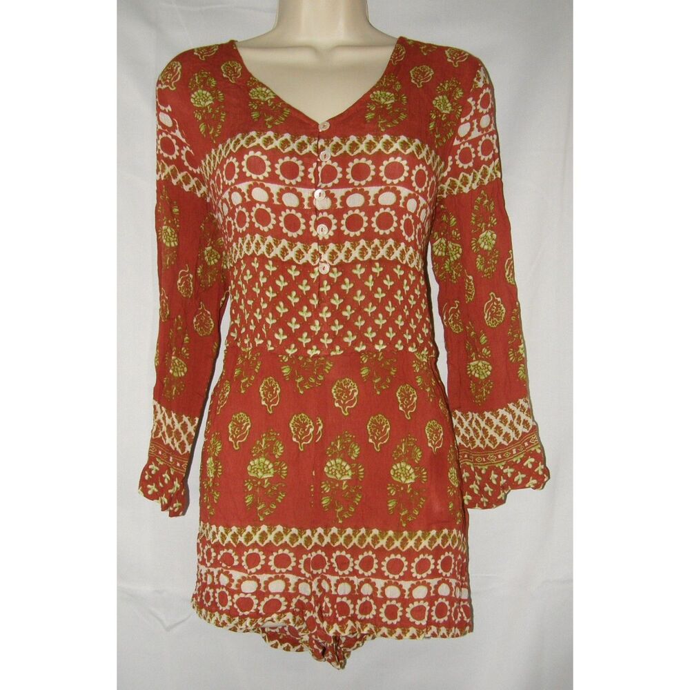 RAGA Brown Print Sz Medium Casual Wear Long Sleeve Romper 1 pc Boho Outfit NEW